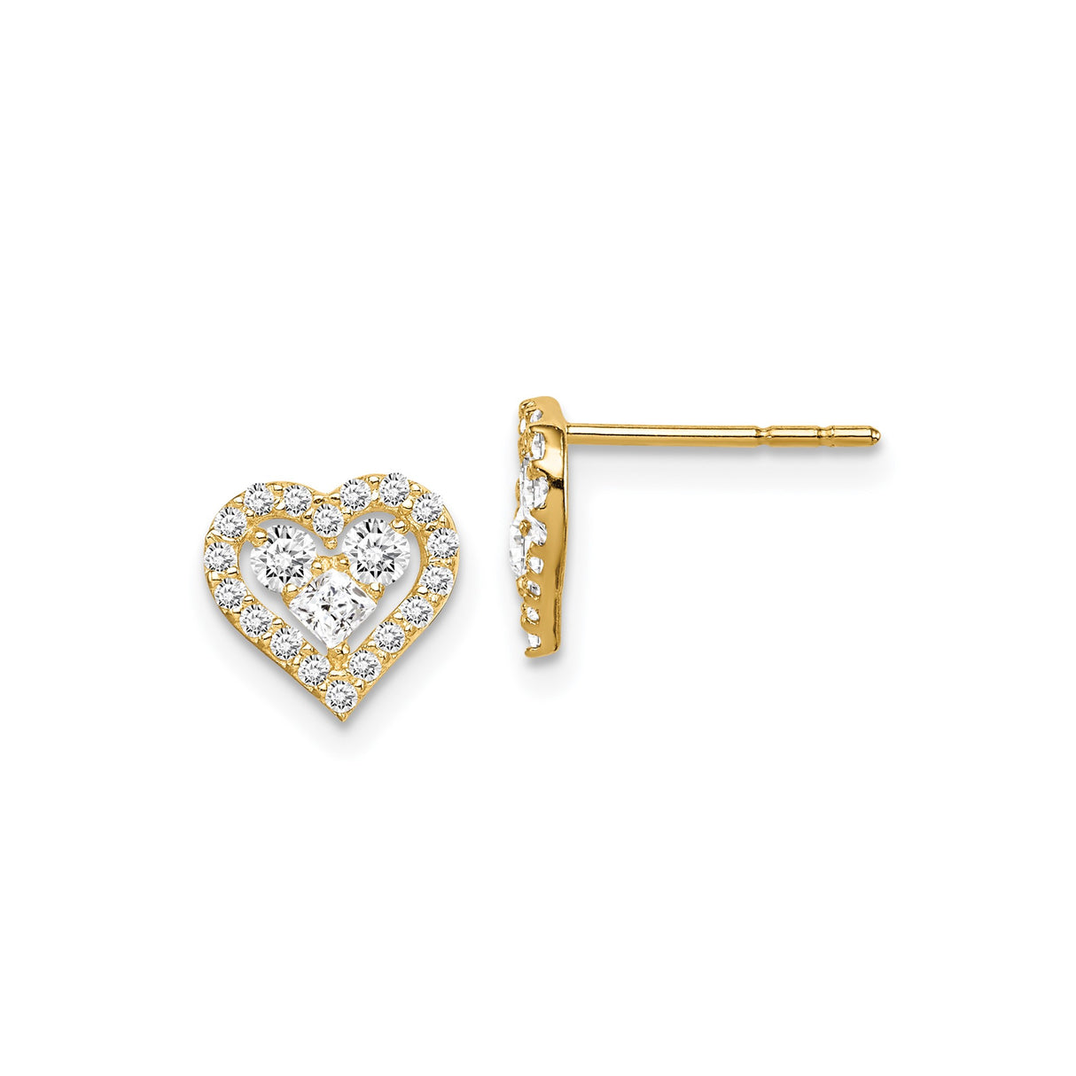 14k Yellow Gold Heart Stud Earrings with Cubic Zirconia Accents for Women