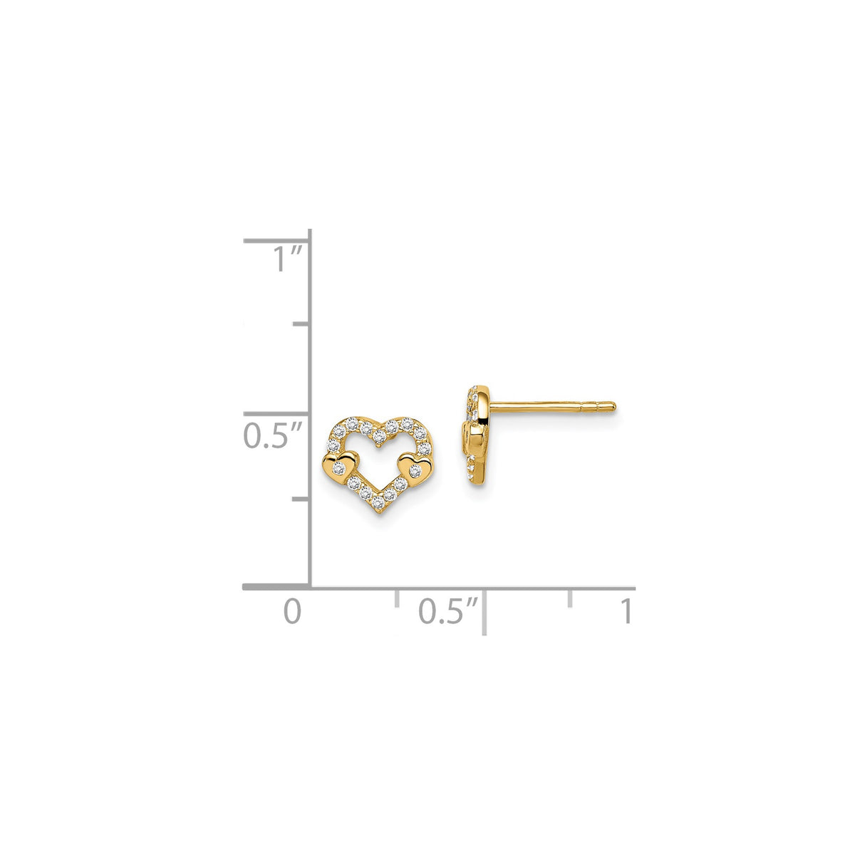 14k Yellow Gold Heart Stud Earrings with Cubic Zirconia, Double Heart Design for Women