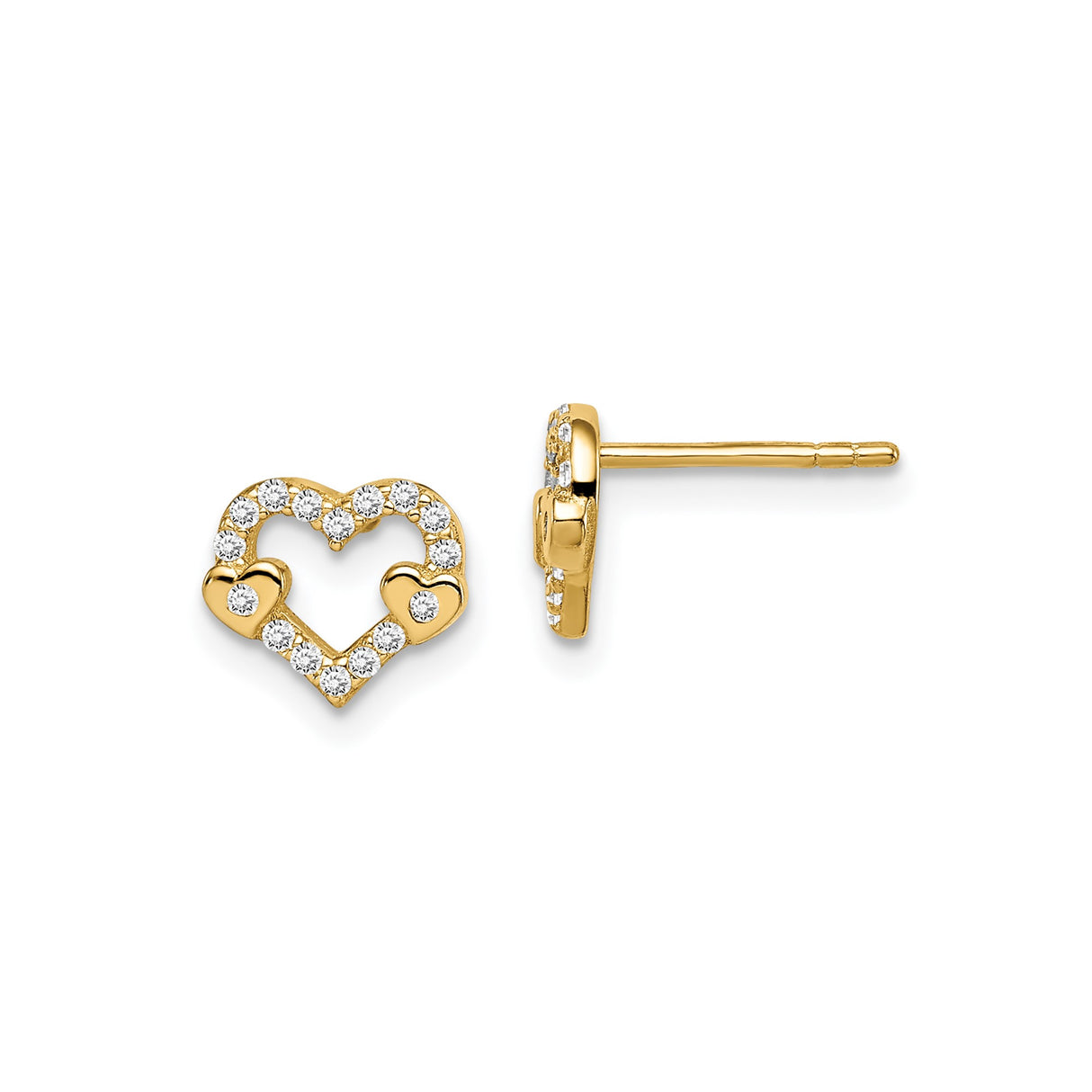14k Yellow Gold Heart Stud Earrings with Cubic Zirconia, Double Heart Design for Women