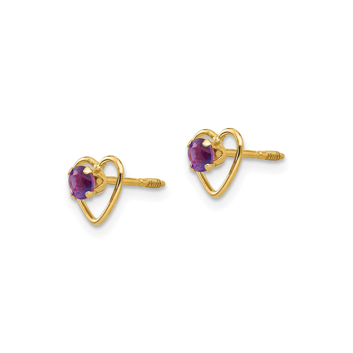 14k Yellow Gold Heart Stud Earrings with Amethyst Gemstone, Romantic Open Heart Design