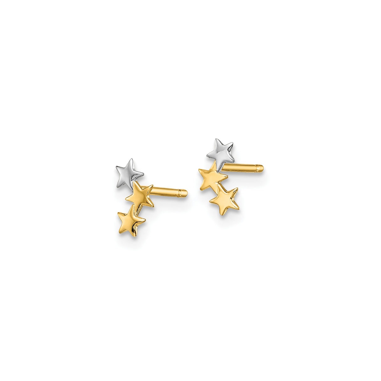 14k Yellow Gold Triple Star Stud Earrings, Two-Tone Celestial Design for Women