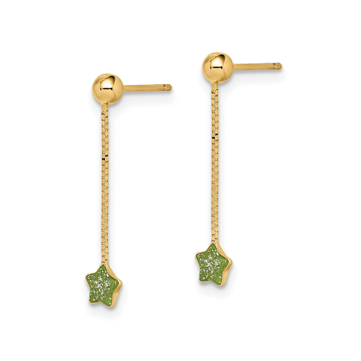 14k Yellow Gold Dangle Earrings with Green Star Charm and Box Chain Drop, Celestial Style
