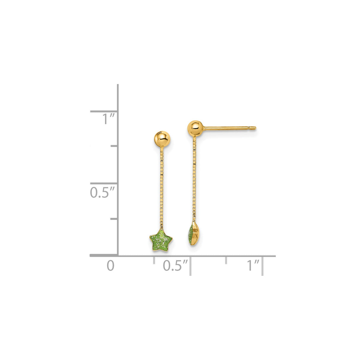 14k Yellow Gold Dangle Earrings with Green Star Charm and Box Chain Drop, Celestial Style
