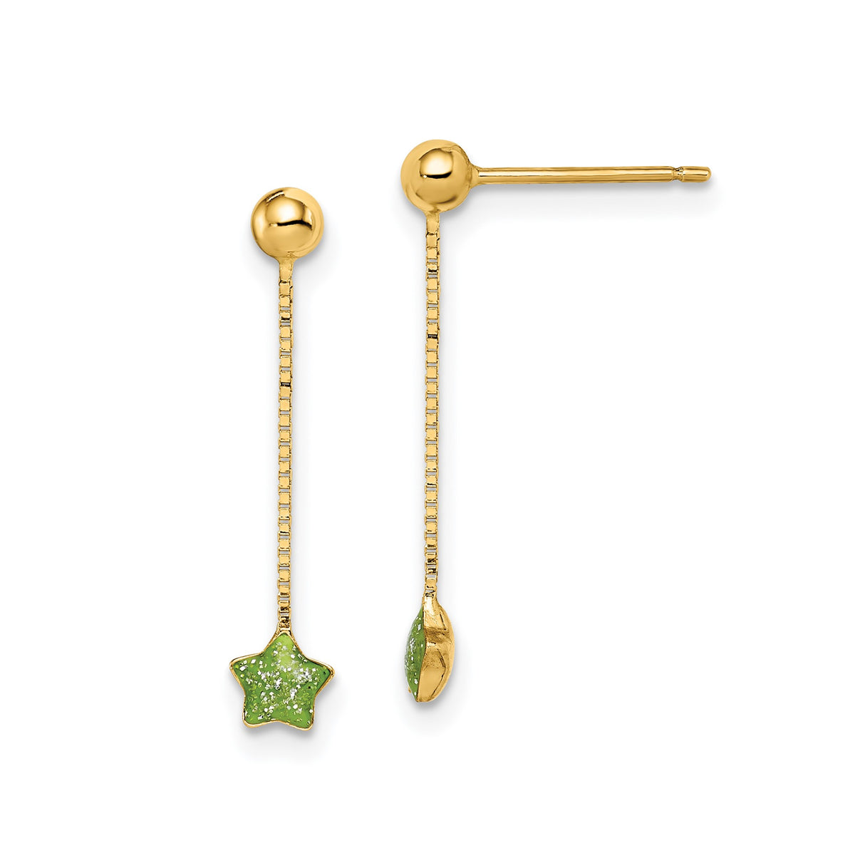 14k Yellow Gold Dangle Earrings with Green Star Charm and Box Chain Drop, Celestial Style