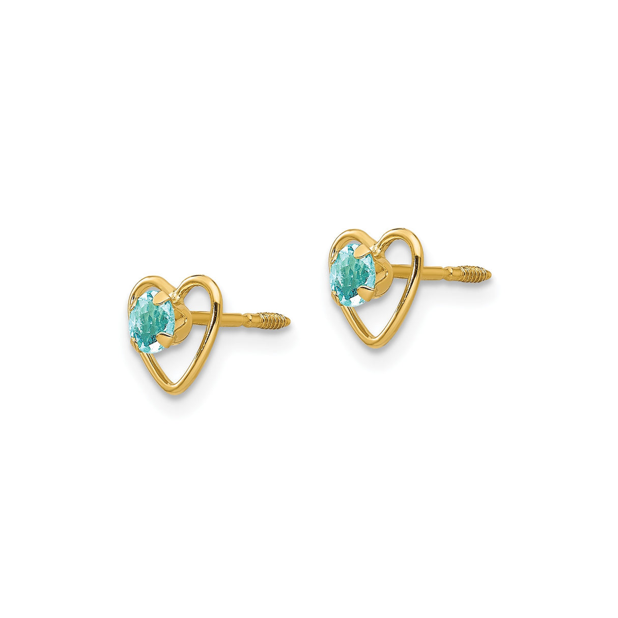 14k Yellow Gold Heart Stud Earrings with Aquamarine, Open Heart Design for Women