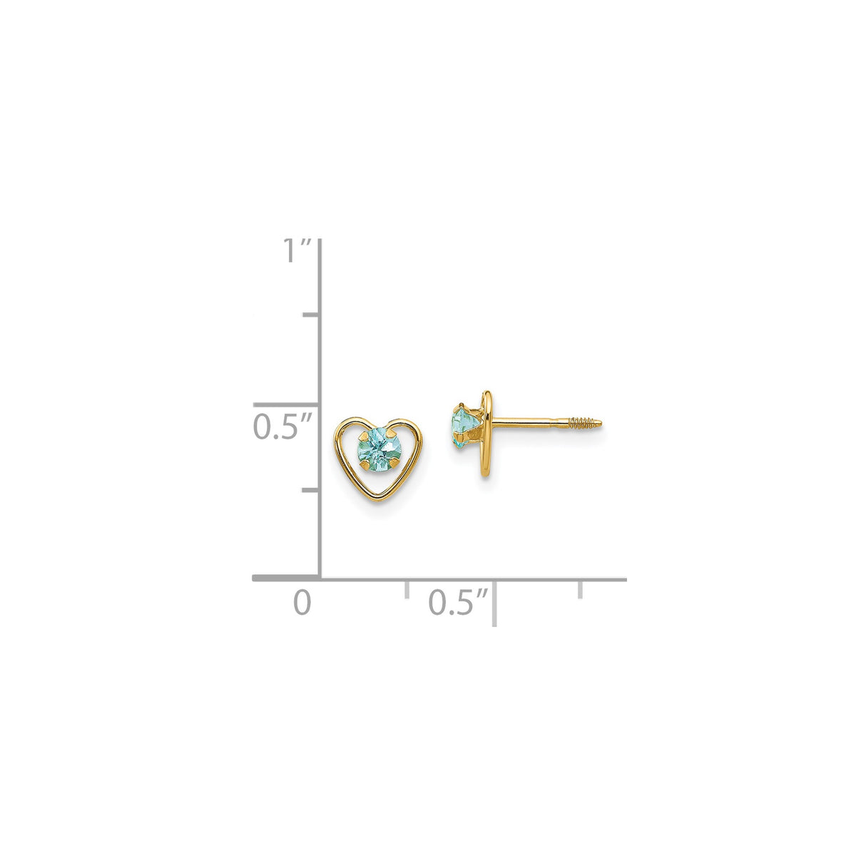 14k Yellow Gold Heart Stud Earrings with Aquamarine, Open Heart Design for Women