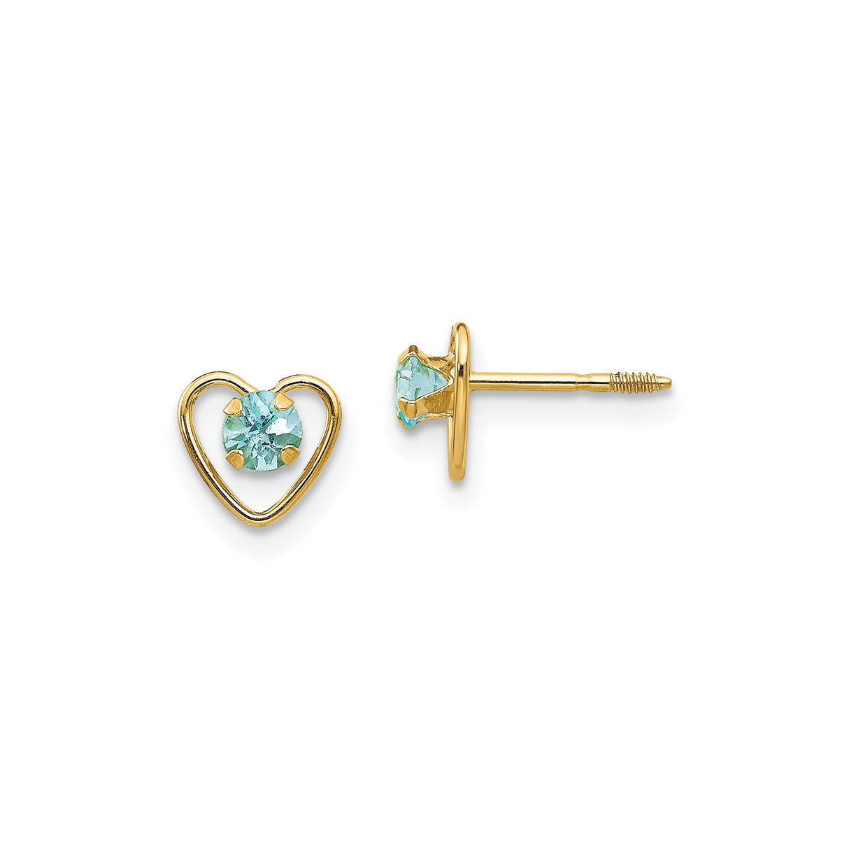 14k Yellow Gold Heart Stud Earrings with Aquamarine, Open Heart Design for Women