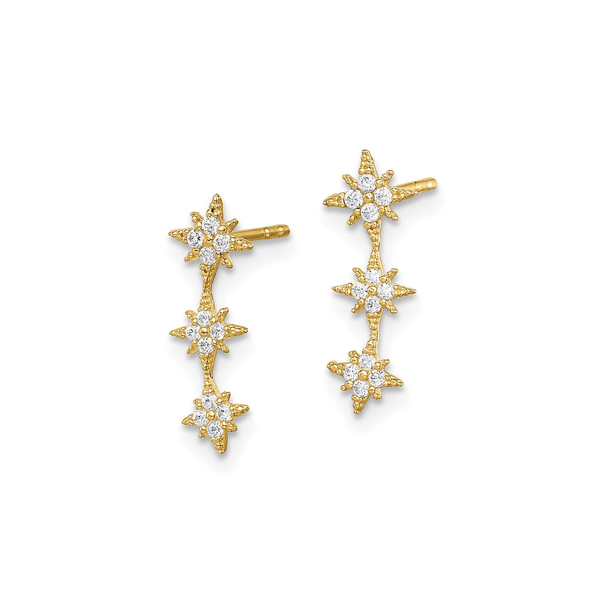 14k Yellow Gold Stud Earrings with Cubic Zirconia, Cascading Three Star Design for Women