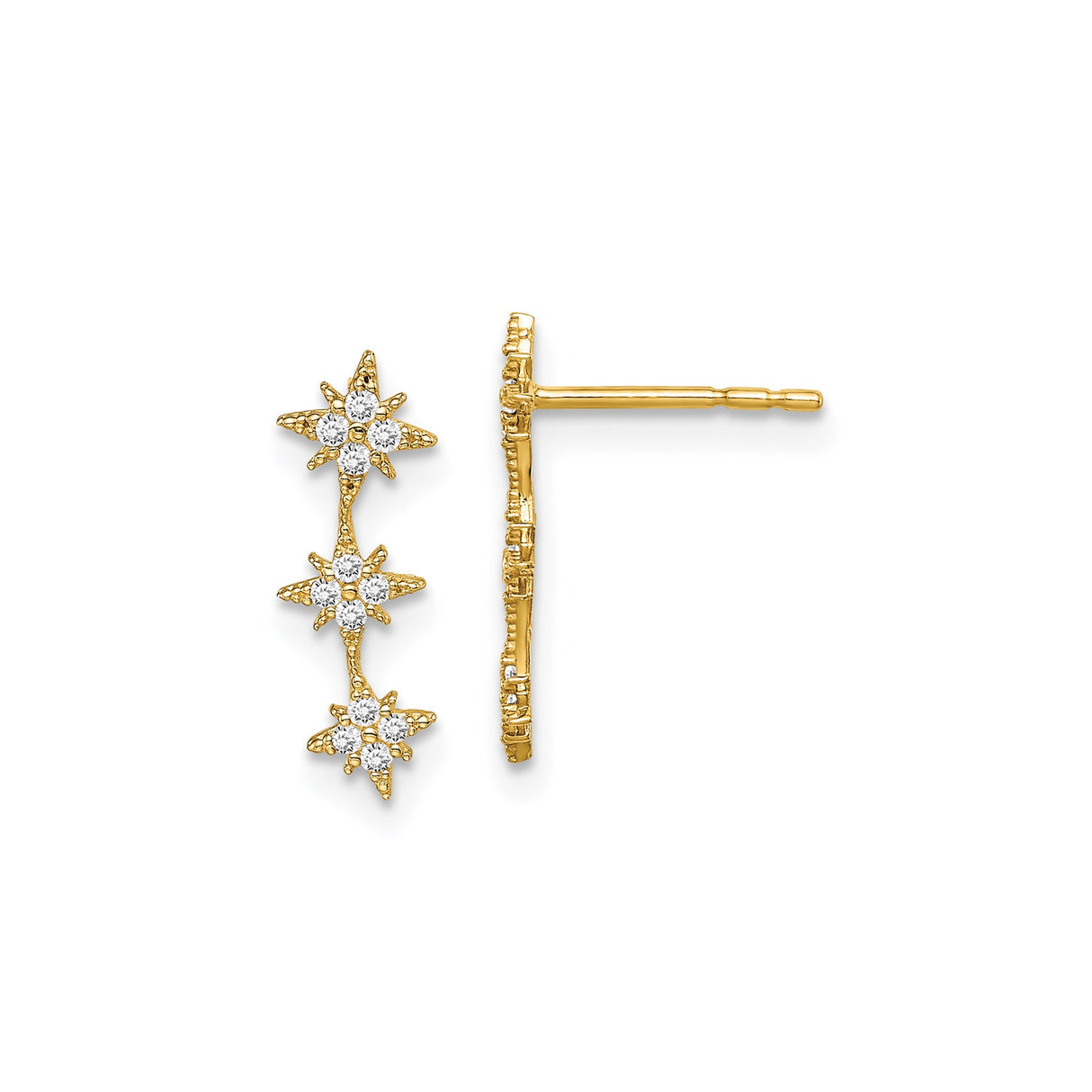 14k Yellow Gold Stud Earrings with Cubic Zirconia, Cascading Three Star Design for Women