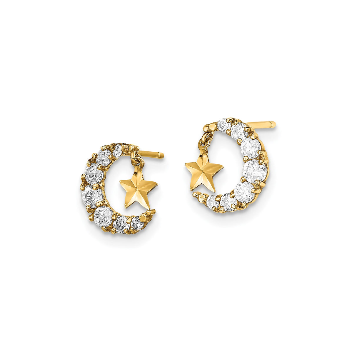 14k Yellow Gold Crescent Moon and Star Stud Earrings with Cubic Zirconia, Celestial Dangle Charm