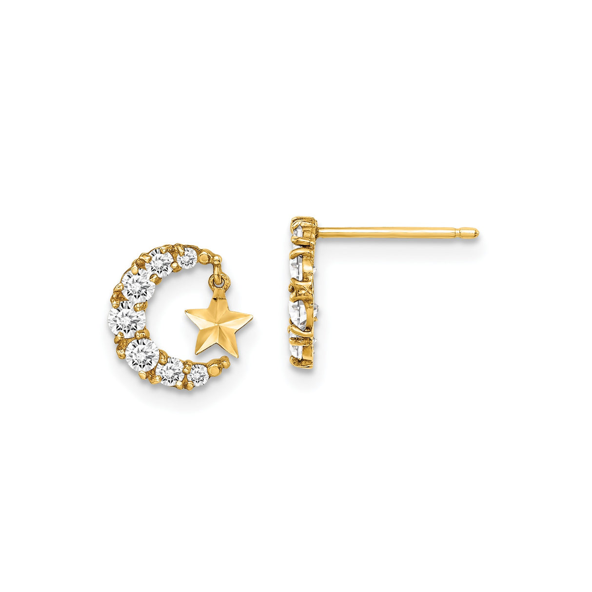 14k Yellow Gold Crescent Moon and Star Stud Earrings with Cubic Zirconia, Celestial Dangle Charm
