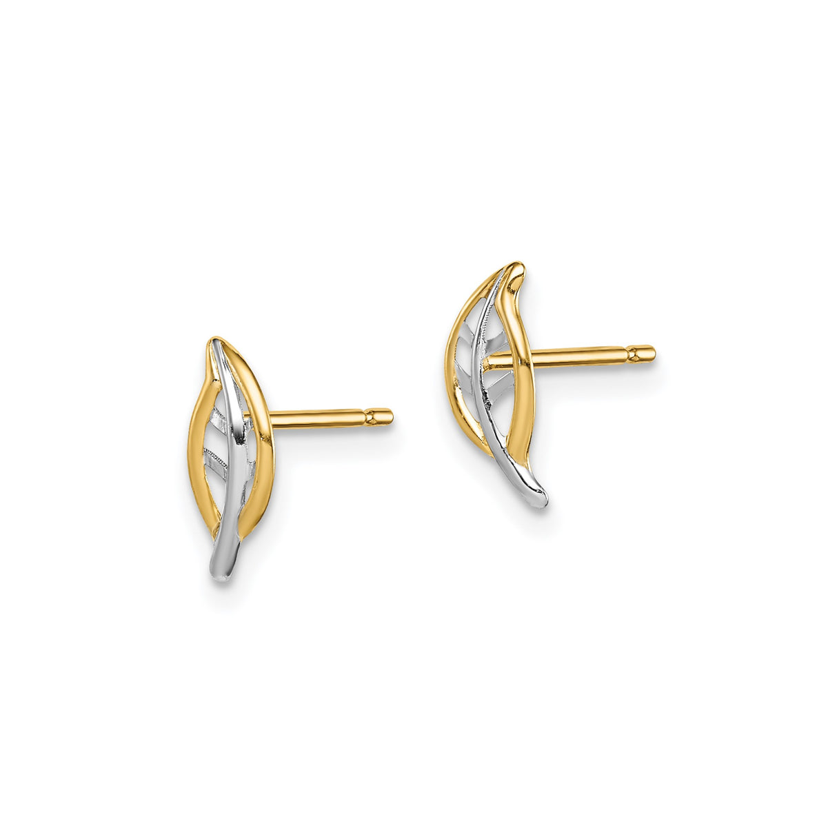 14k Yellow Gold Stud Earrings with Two-Tone Openwork Leaf Design for Women