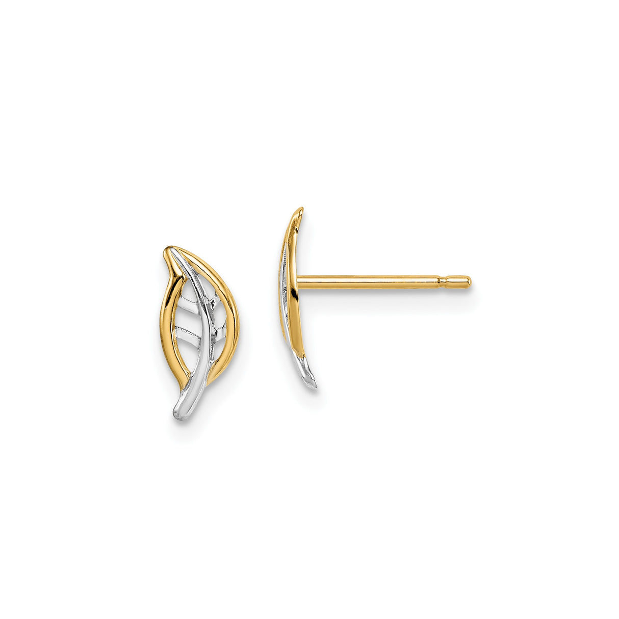 14k Yellow Gold Stud Earrings with Two-Tone Openwork Leaf Design for Women