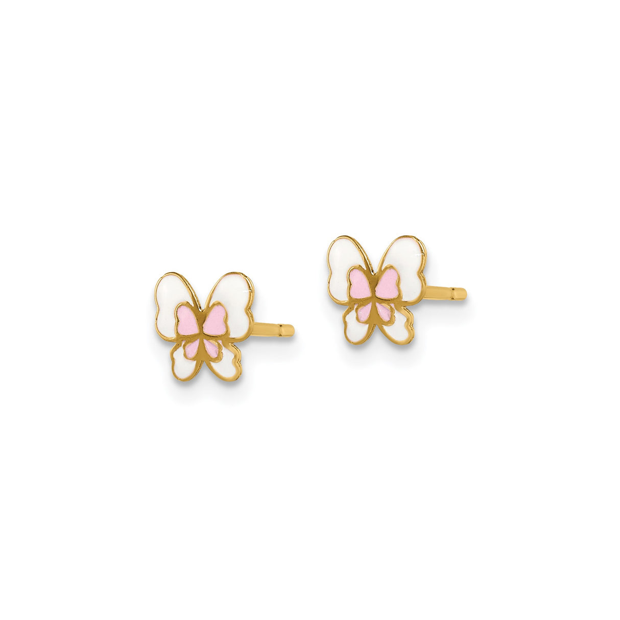 14k Yellow Gold Butterfly Stud Earrings with Pink and White Enamel for Girls or Teens