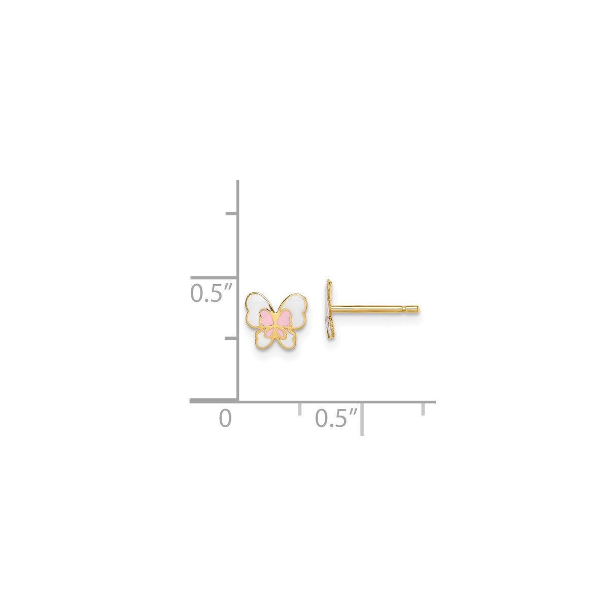 14k Yellow Gold Butterfly Stud Earrings with Pink and White Enamel for Girls or Teens
