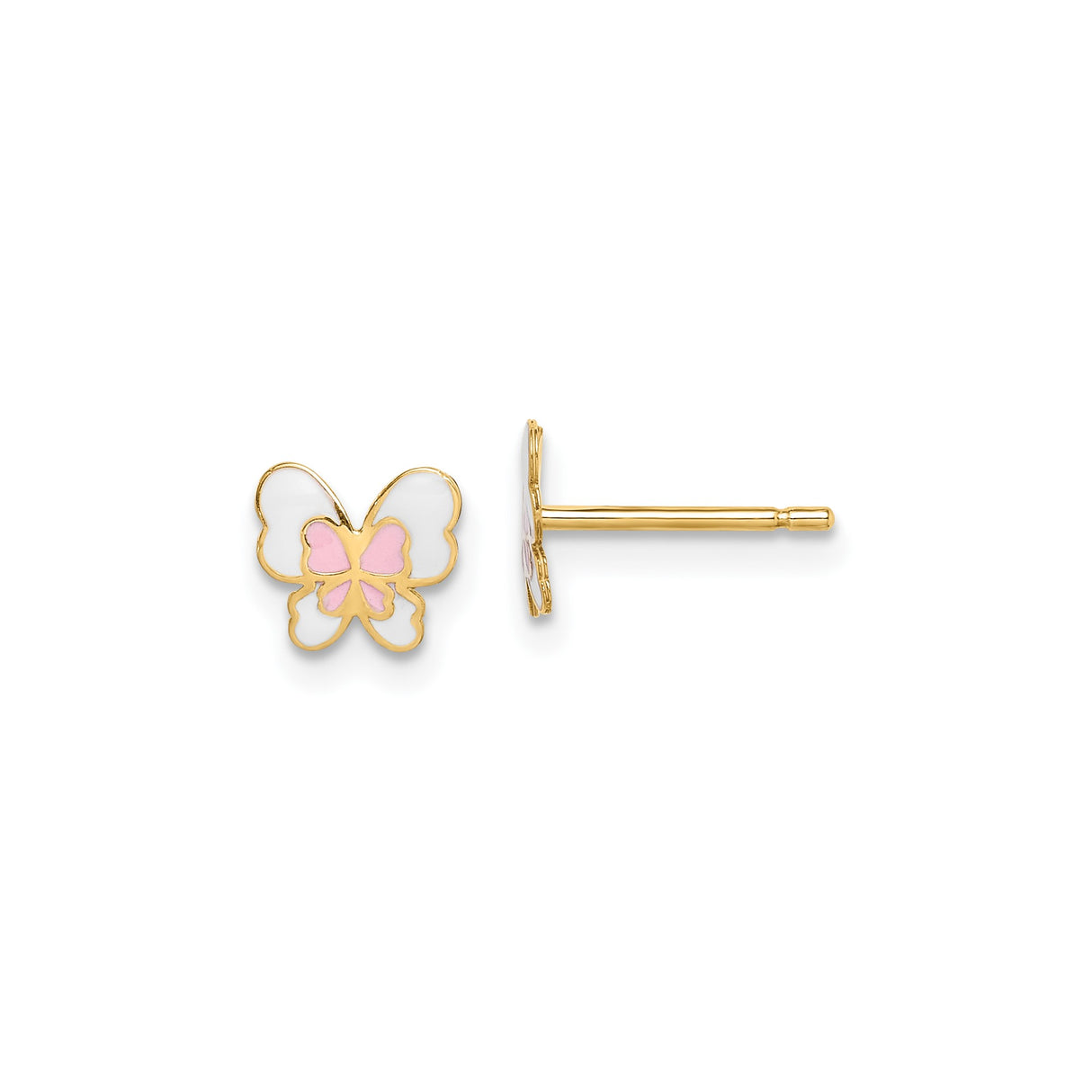14k Yellow Gold Butterfly Stud Earrings with Pink and White Enamel for Girls or Teens