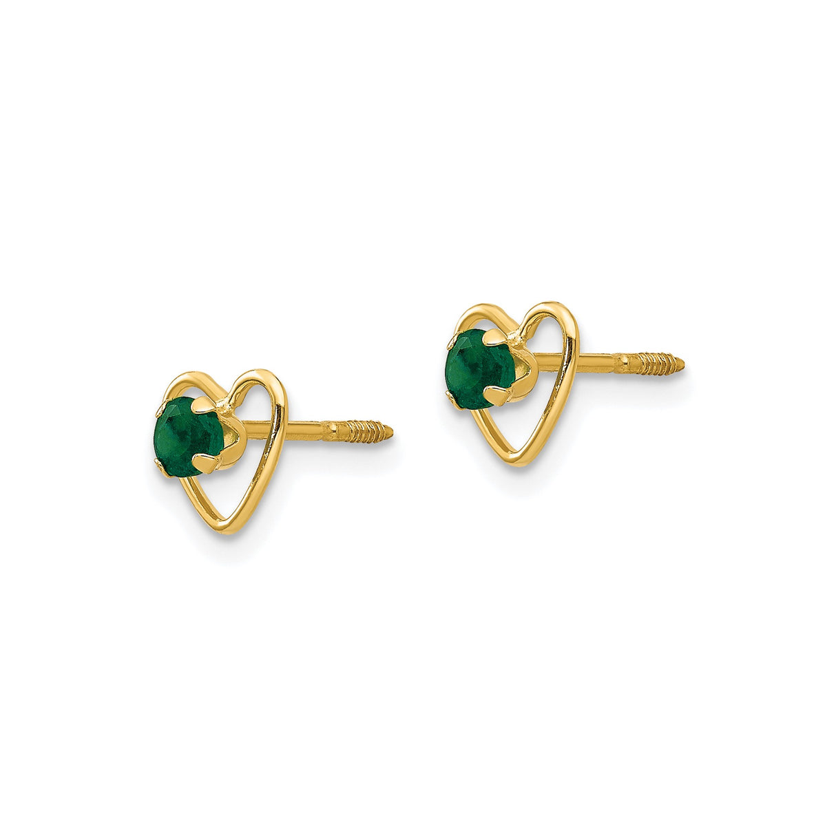 14k Yellow Gold Heart Stud Earrings with Created Emerald Center, Open Heart Design, Screw Back