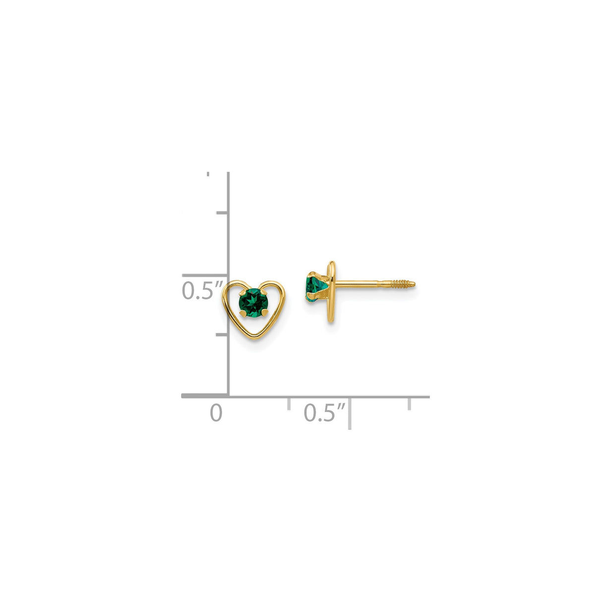 14k Yellow Gold Heart Stud Earrings with Created Emerald Center, Open Heart Design, Screw Back