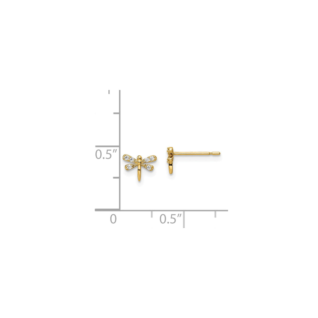 14k Yellow Gold Dragonfly Stud Earrings with Cubic Zirconia, Nature-Inspired Design for Women