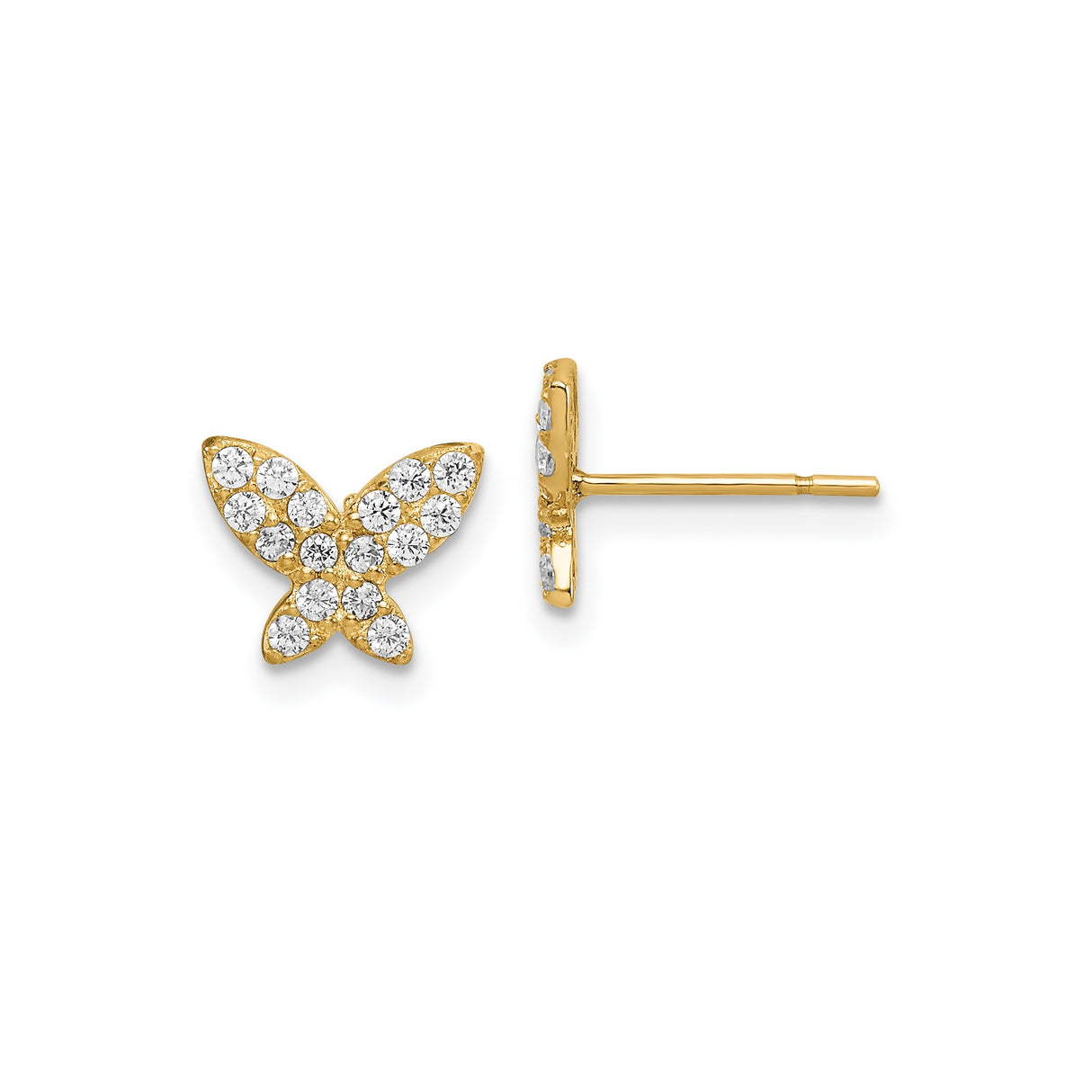 14k Yellow Gold Butterfly Stud Earrings with Clear Gemstones, Delicate Design for Women