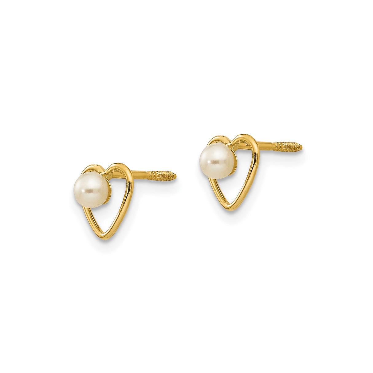 14k Yellow Gold Heart Stud Earrings with Pearl Center, Open Heart Design for Women