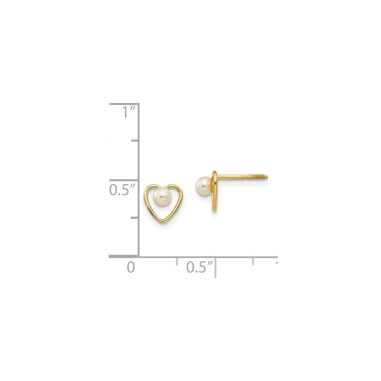 14k Yellow Gold Heart Stud Earrings with Pearl Center, Open Heart Design for Women