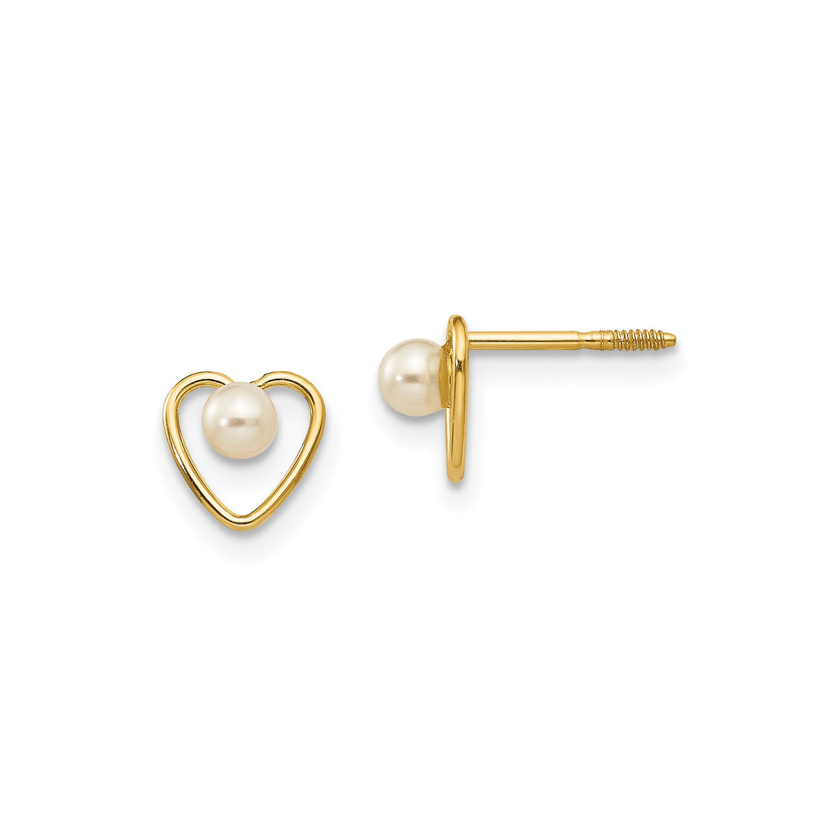 14k Yellow Gold Heart Stud Earrings with Pearl Center, Open Heart Design for Women