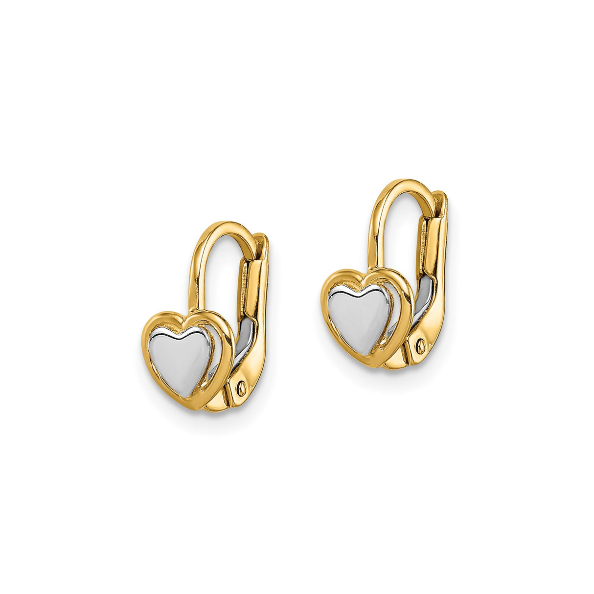 14k Two Tone Gold Heart Leverback Earrings with Yellow and White Polished Hearts
