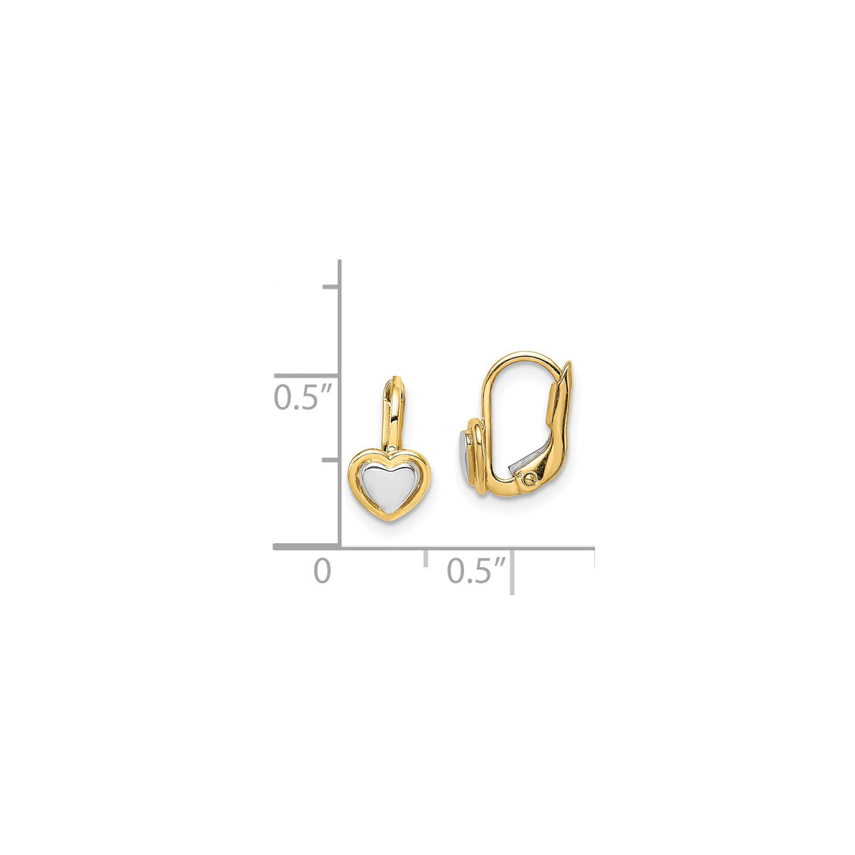 14k Two Tone Gold Heart Leverback Earrings with Yellow and White Polished Hearts
