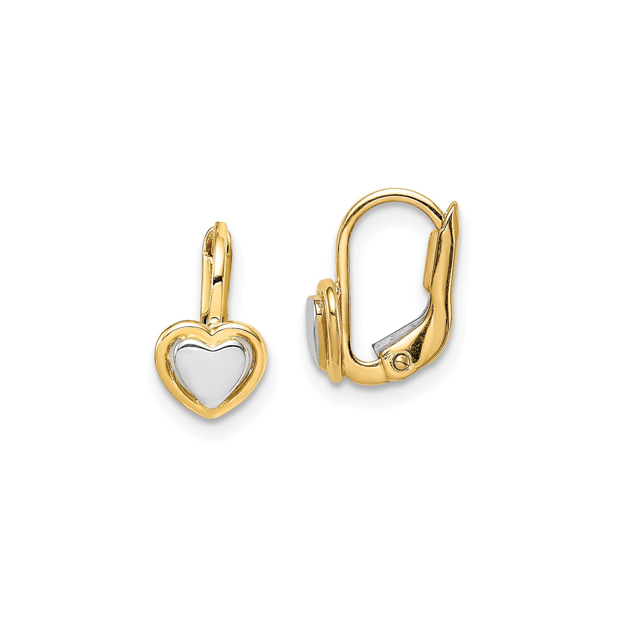 14k Two Tone Gold Heart Leverback Earrings with Yellow and White Polished Hearts