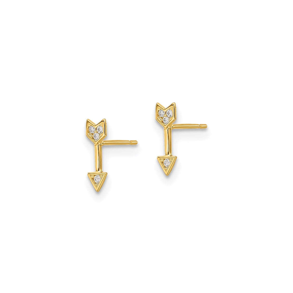 14k Yellow Gold Arrow Stud Earrings with Cubic Zirconia, Minimalist Style for Women