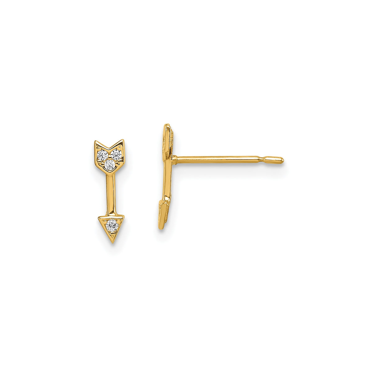 14k Yellow Gold Arrow Stud Earrings with Cubic Zirconia, Minimalist Style for Women