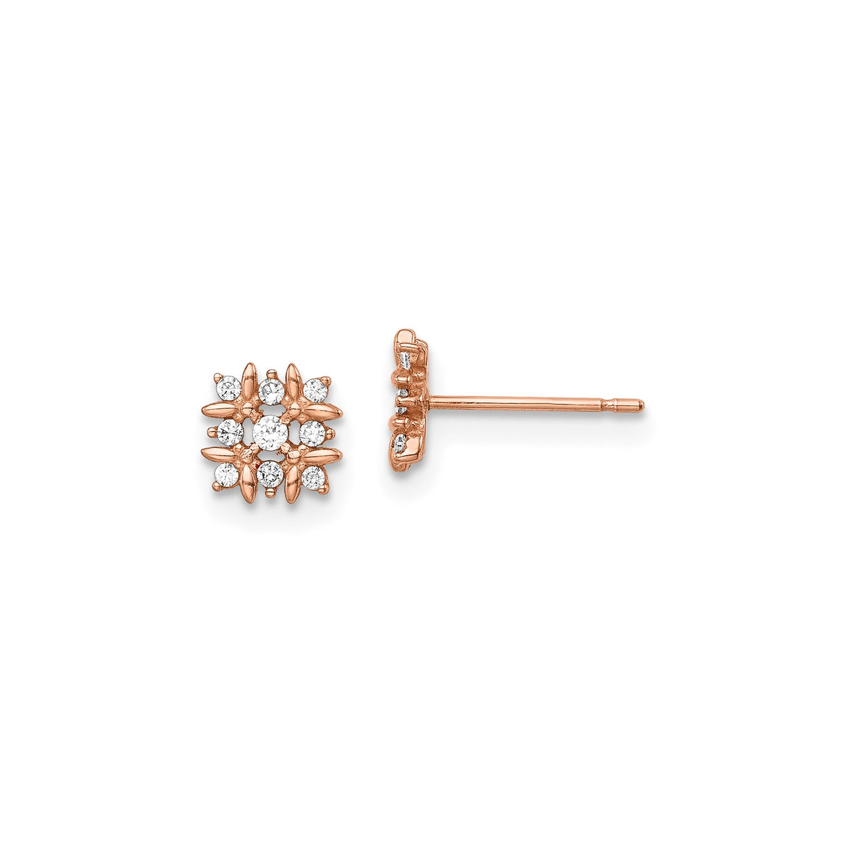 14k Rose Gold Stud Earrings with Round Cut White Diamonds, Floral Cluster Design