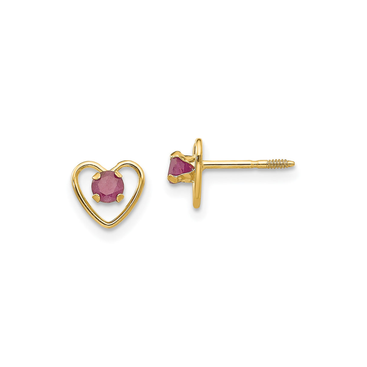 14k Yellow Gold Heart Stud Earrings with Created Ruby Gemstone Center