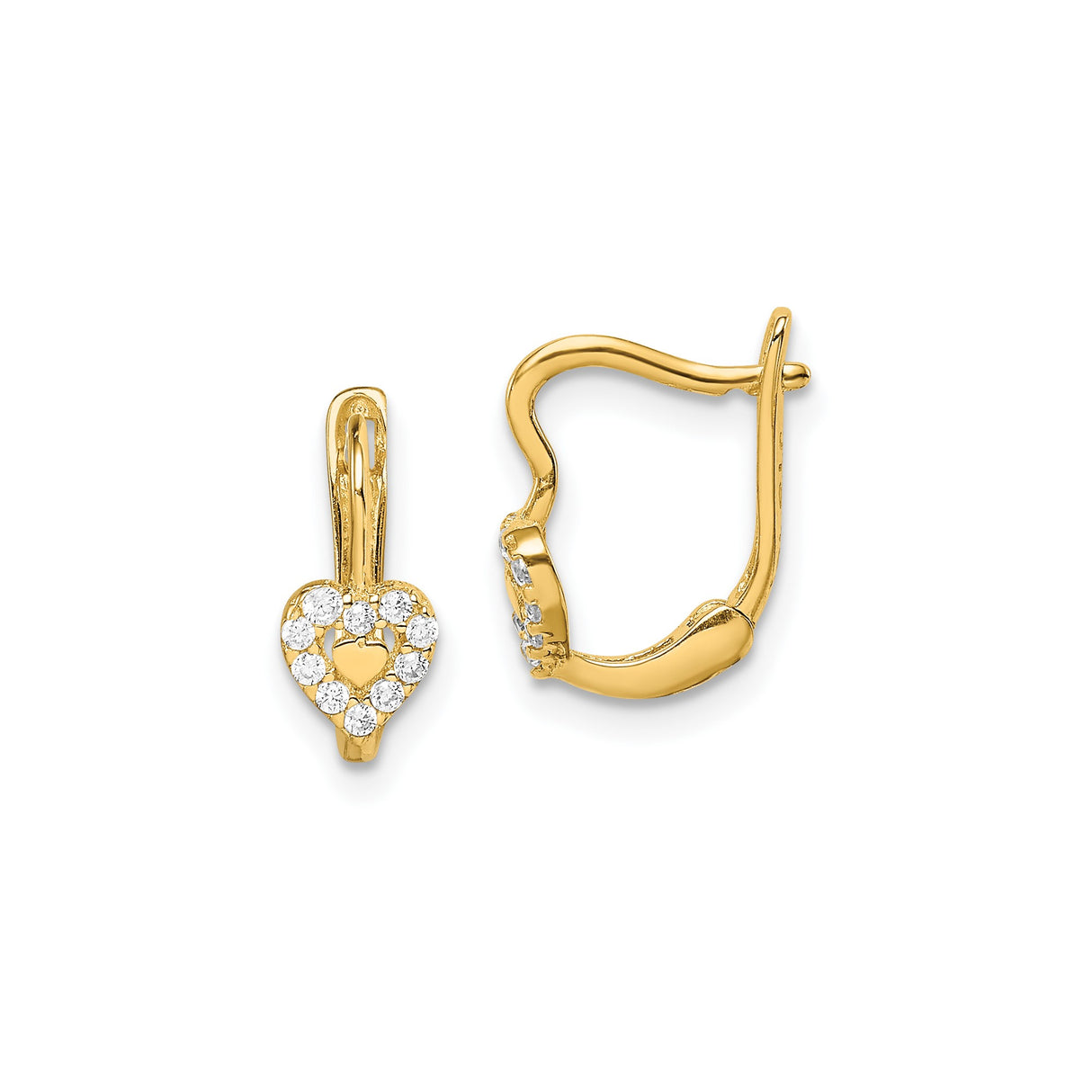 14k Yellow Gold Heart Leverback Earrings with Cubic Zirconia Accents and Cutout Design