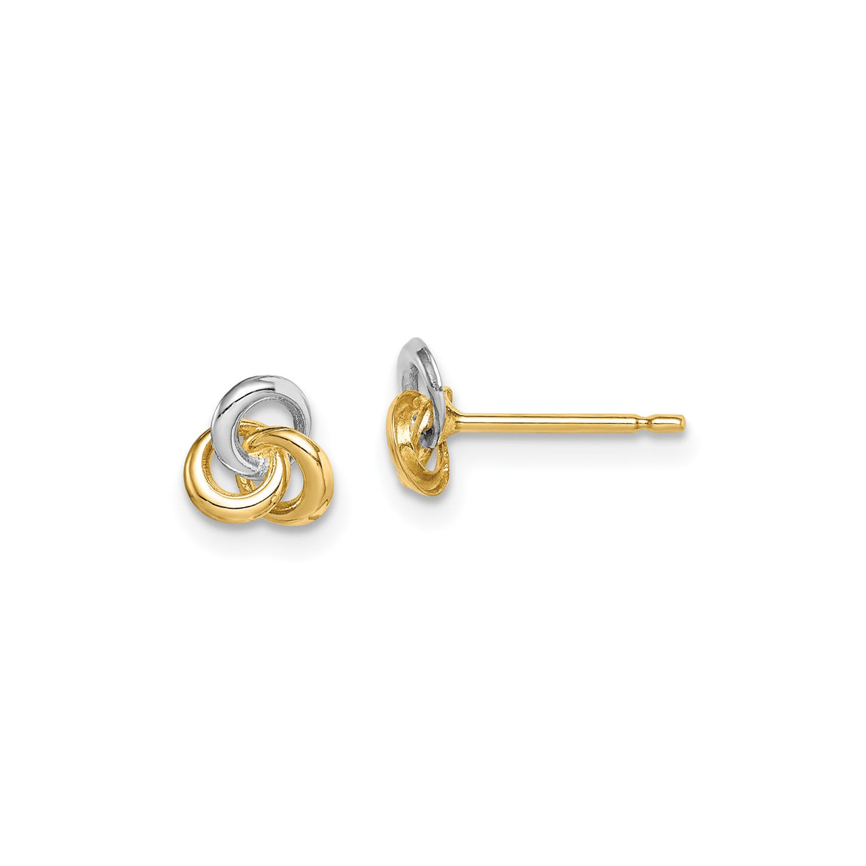 14k Yellow Gold Interlocking Knot Stud Earrings, Two-Tone Triple Ring Design