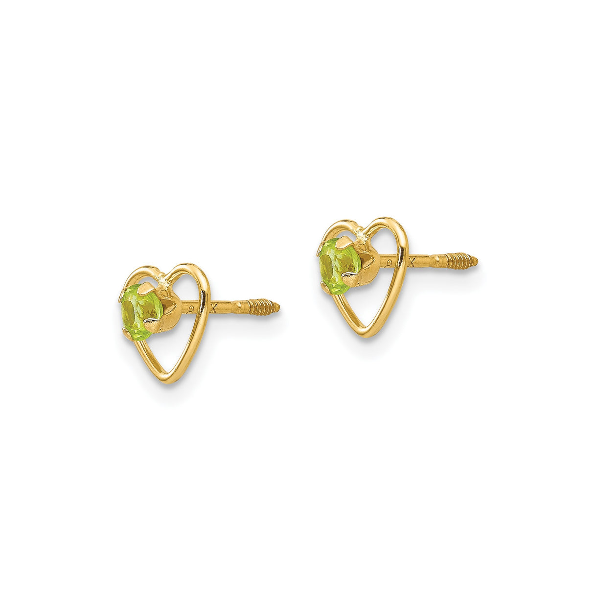 14k Yellow Gold Heart Stud Earrings with Peridot, Open Heart Design for Women