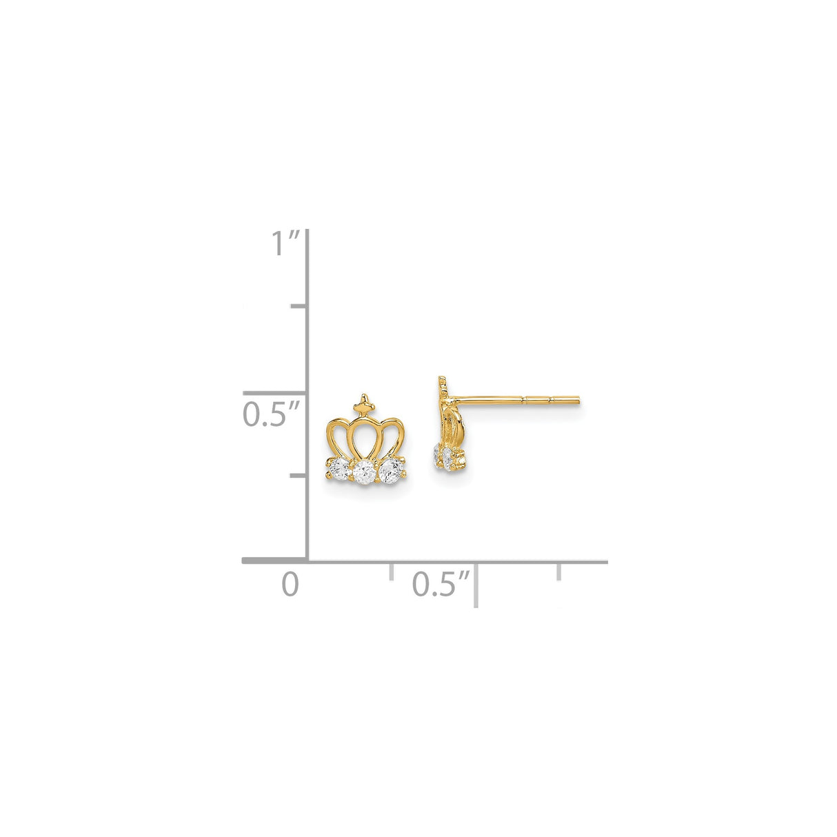 14k Yellow Gold Crown Stud Earrings with Clear Cubic Zirconia, Petite Royal Design