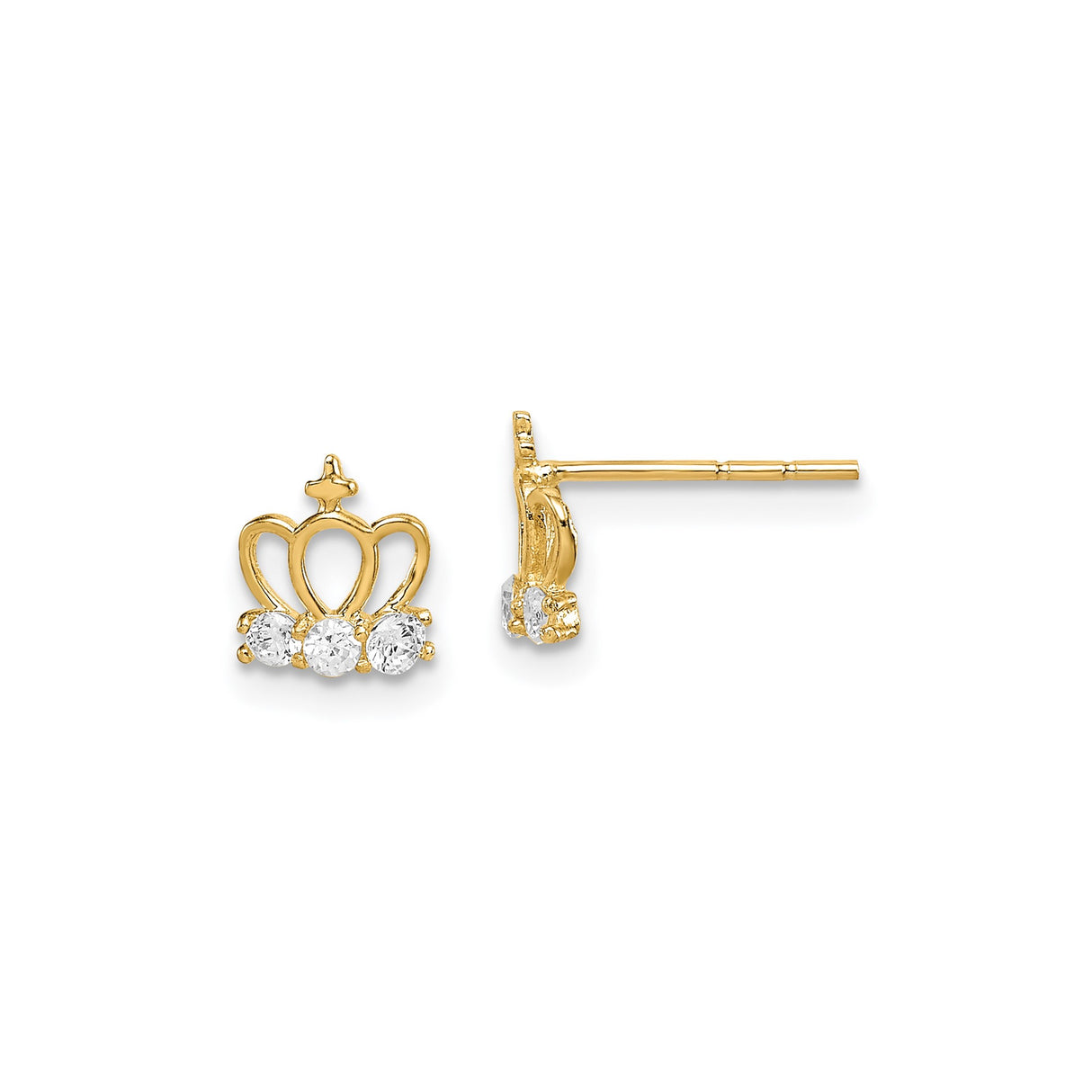 14k Yellow Gold Crown Stud Earrings with Clear Cubic Zirconia, Petite Royal Design