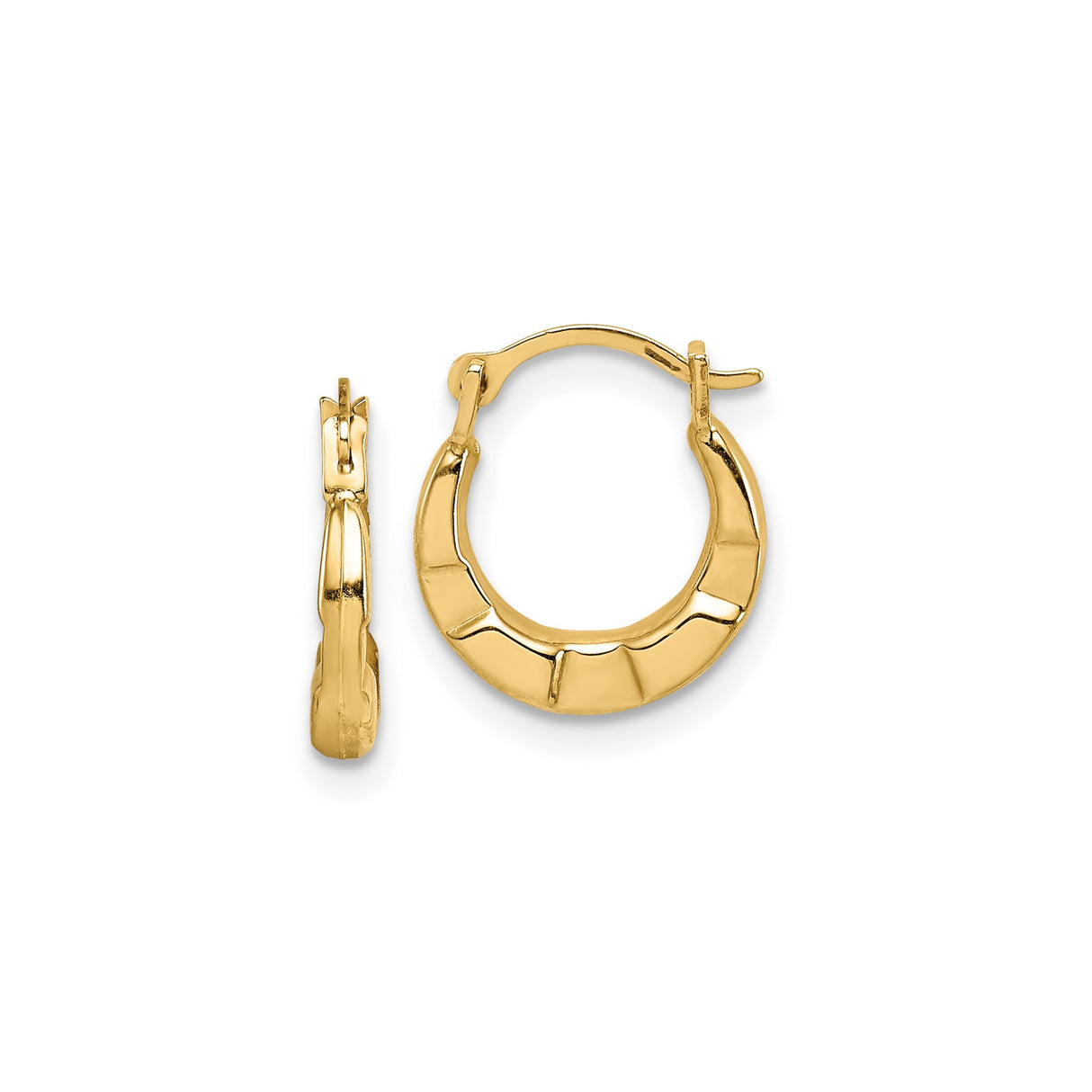 14k Yellow Gold Hoop Earrings, Small Polished Hoops with Ridged Design, Classic Minimalist Style