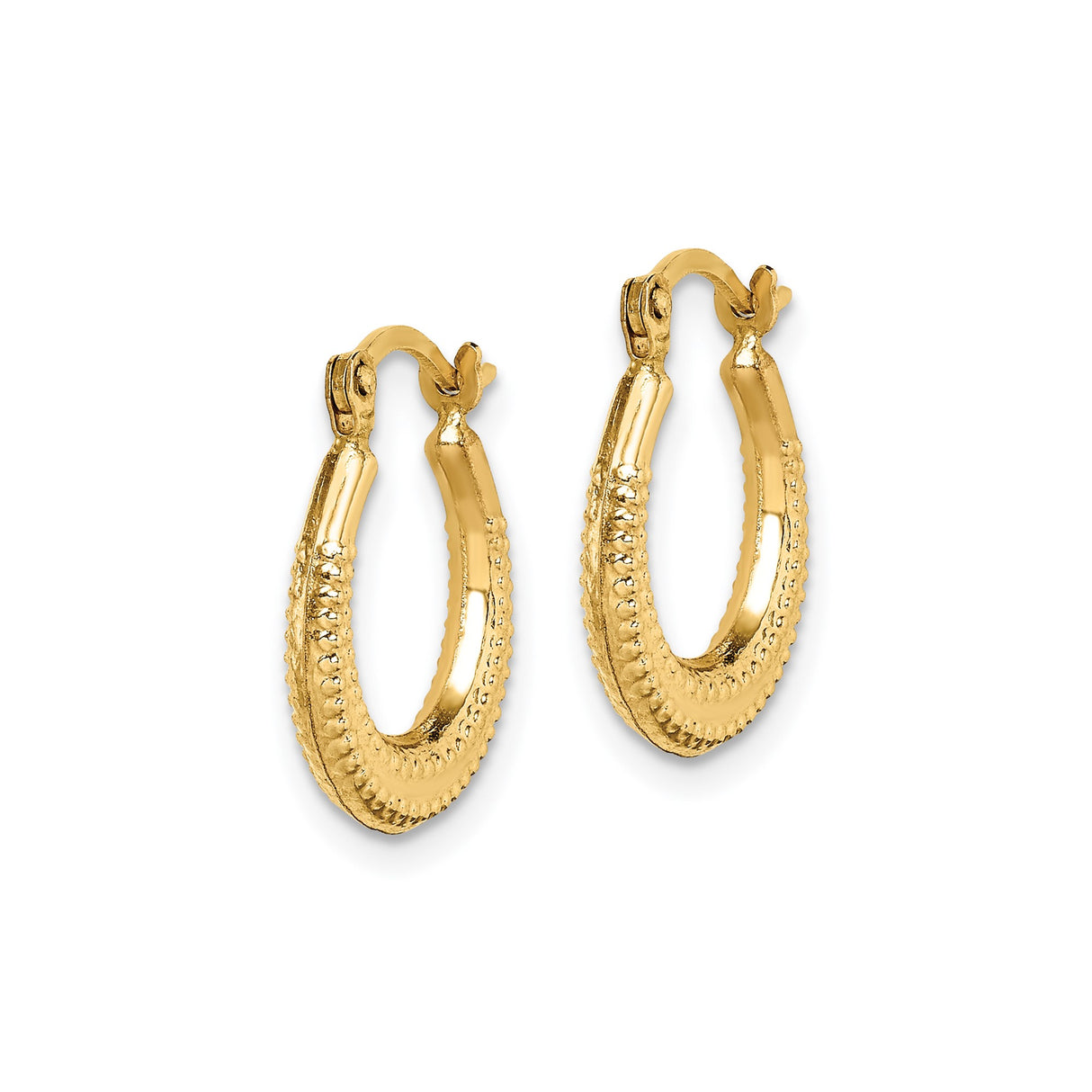 14k Yellow Gold Hoop Earrings with Beaded Texture and Hinged Closure, Vintage Inspired Classic Style