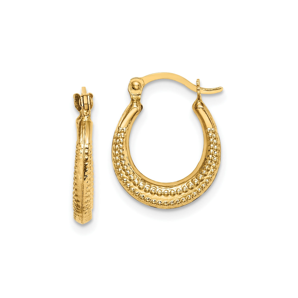14k Yellow Gold Hoop Earrings with Beaded Texture and Hinged Closure, Vintage Inspired Classic Style
