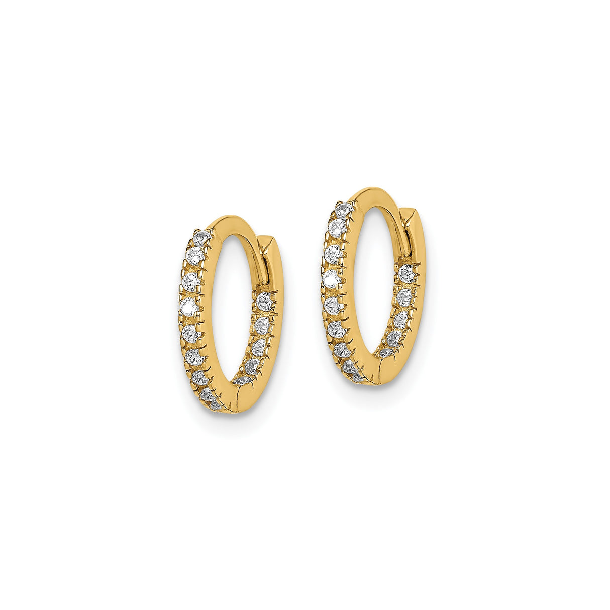 14k Yellow Gold Huggie Hoop Earrings with Round Cut White Diamonds, Shared Prong Setting
