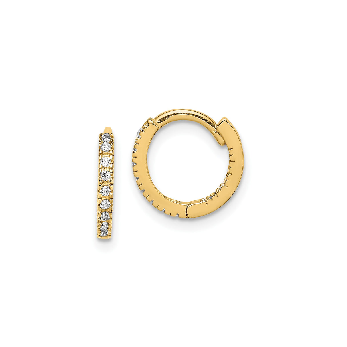 14k Yellow Gold Huggie Hoop Earrings with Round Cut White Diamonds, Shared Prong Setting