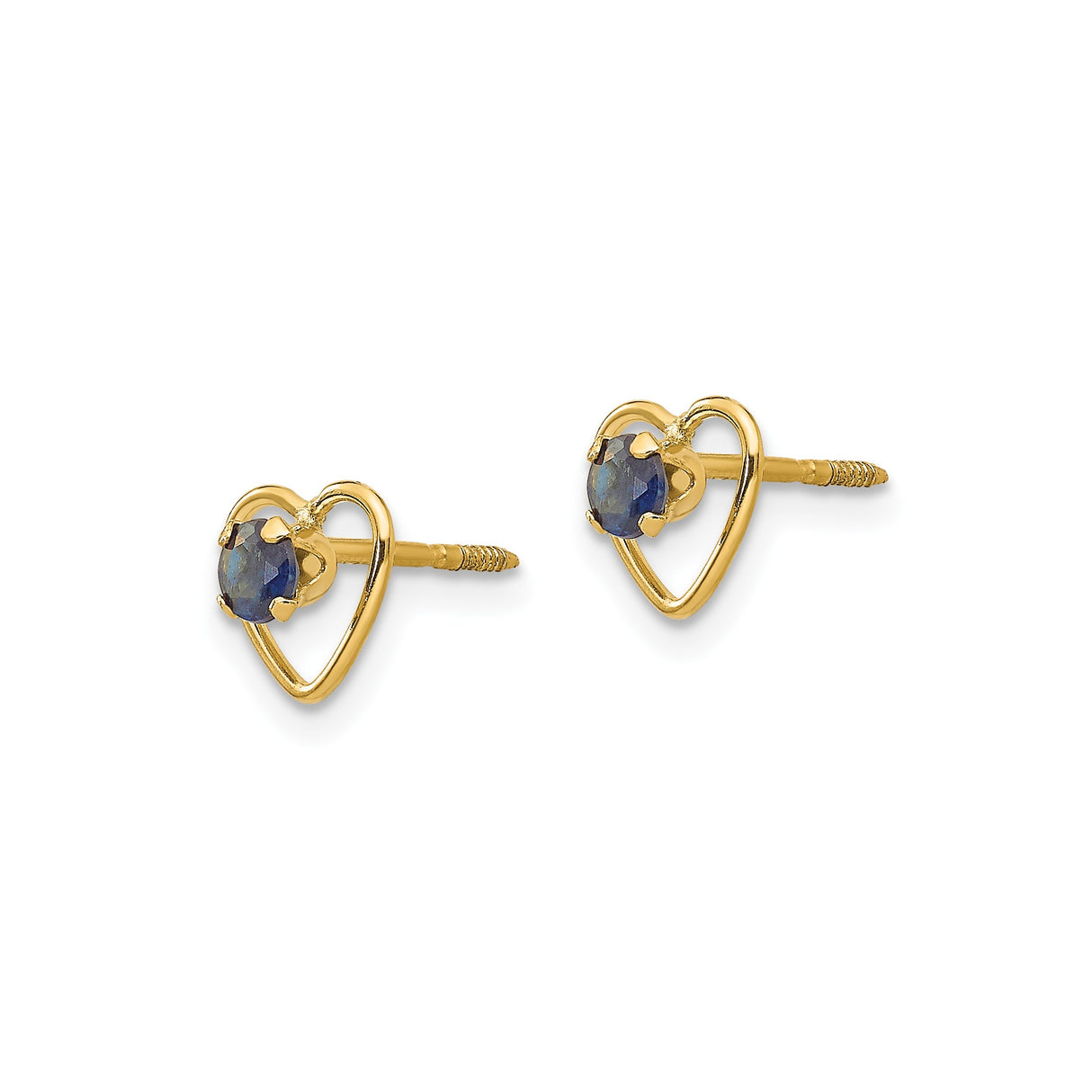 14k Yellow Gold Heart Stud Earrings with Created Sapphire Center, Romantic Jewelry for Women