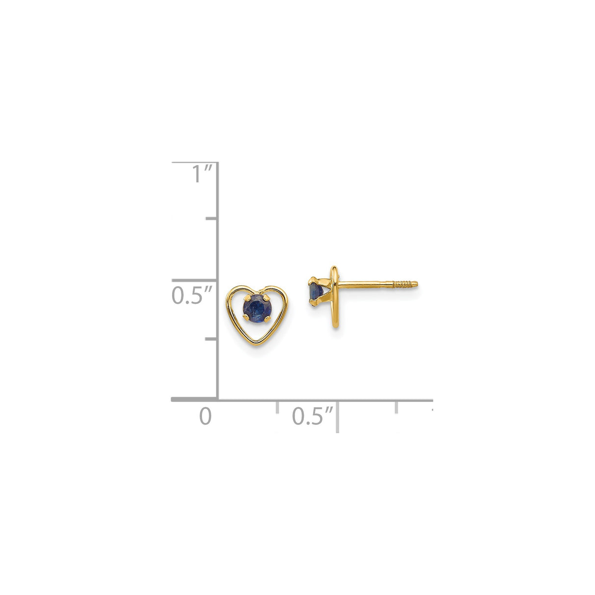 14k Yellow Gold Heart Stud Earrings with Created Sapphire Center, Romantic Jewelry for Women