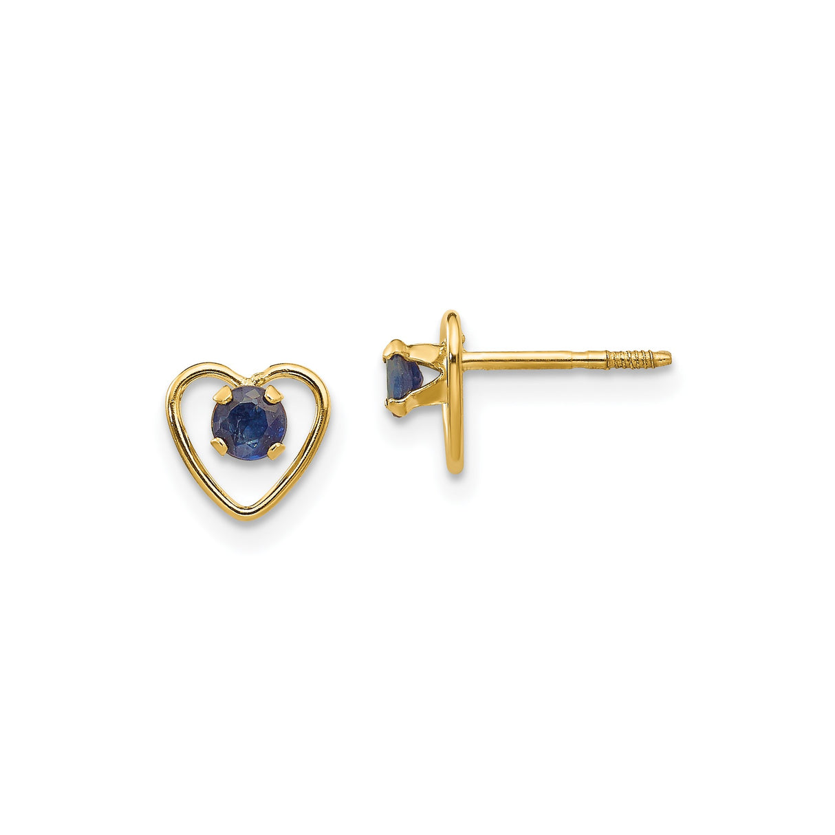 14k Yellow Gold Heart Stud Earrings with Created Sapphire Center, Romantic Jewelry for Women