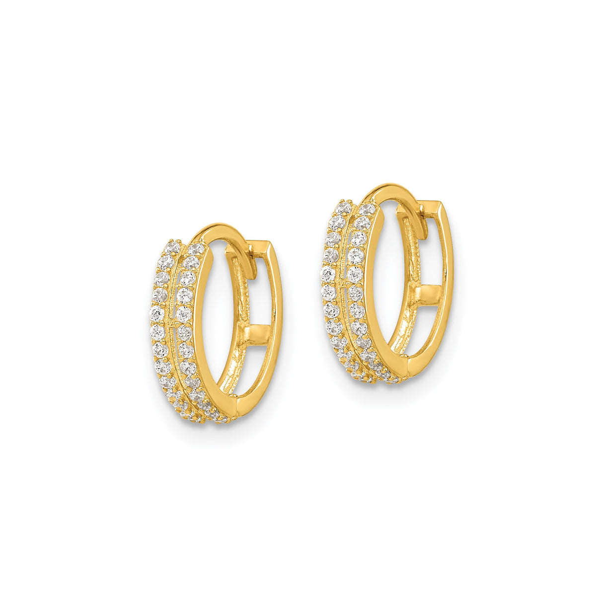 14k Yellow Gold Hoop Earrings with Two Rows of Round Cubic Zirconia, Hinged Modern Design for Women