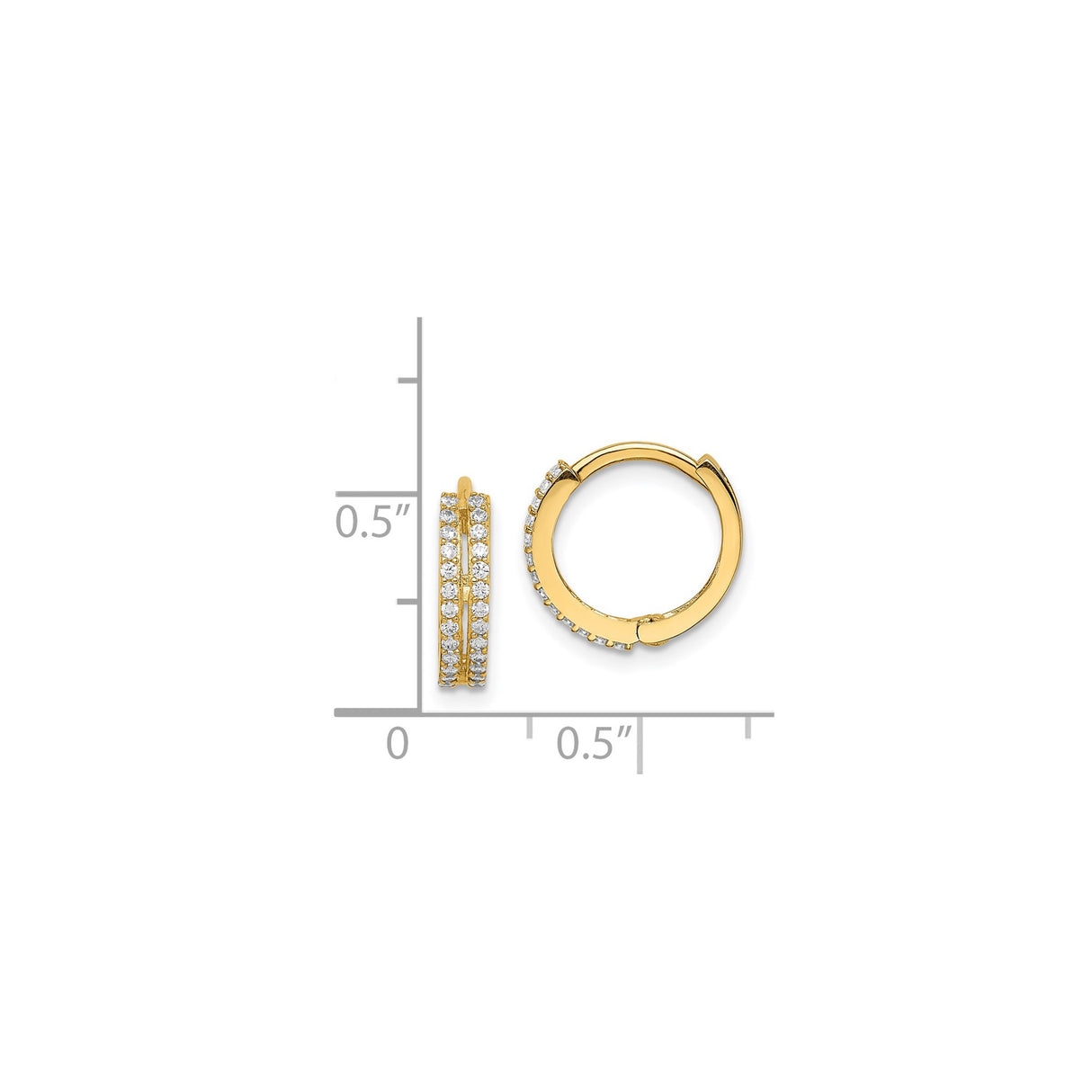 14k Yellow Gold Hoop Earrings with Two Rows of Round Cubic Zirconia, Hinged Modern Design for Women