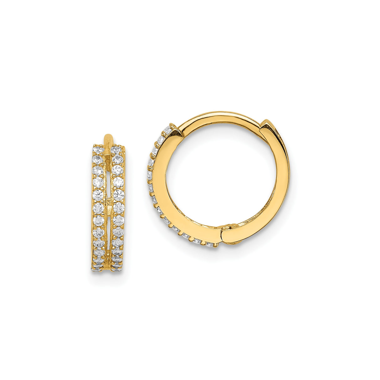 14k Yellow Gold Hoop Earrings with Two Rows of Round Cubic Zirconia, Hinged Modern Design for Women